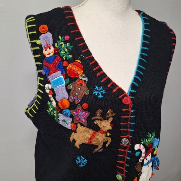 Quacker Factory Christmas Vest Bells Large Embelished  Sweater Knit Embroidered - Picture 10 of 13